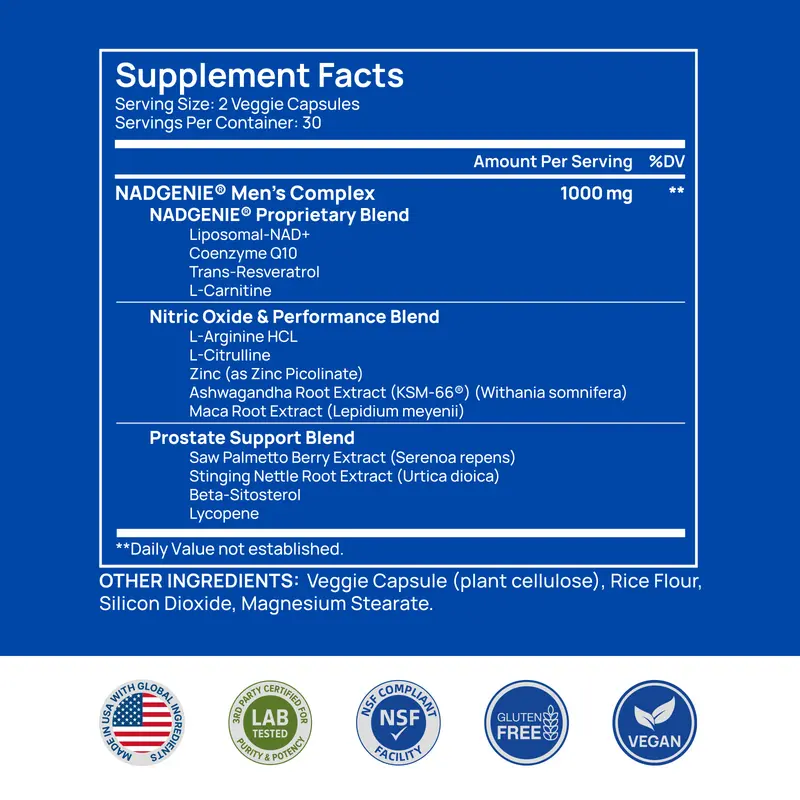 Dr.Meloxin NAD+ Supplement for Men – With Liposomal-NAD+,CoQ10, L-Carnitine, L-Arginine, Maca & Ashwagandha – Energy, Circulation & Prostate Support – 60 Capsules