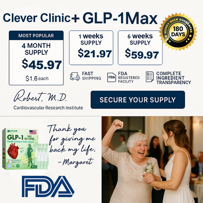 Clever Clinic+GLP-1 Max Cardiovascular Support Oral Solution Clinically-backed natural formula for heart function and blood pressure management Professional-grade • Complete transparency • FDA-registered facility